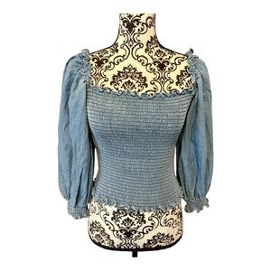 KOURT Blue Smocked Puff Sleeve Blouse Top
